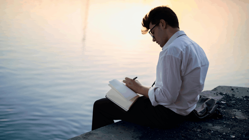 Man writing by the water at sunrise