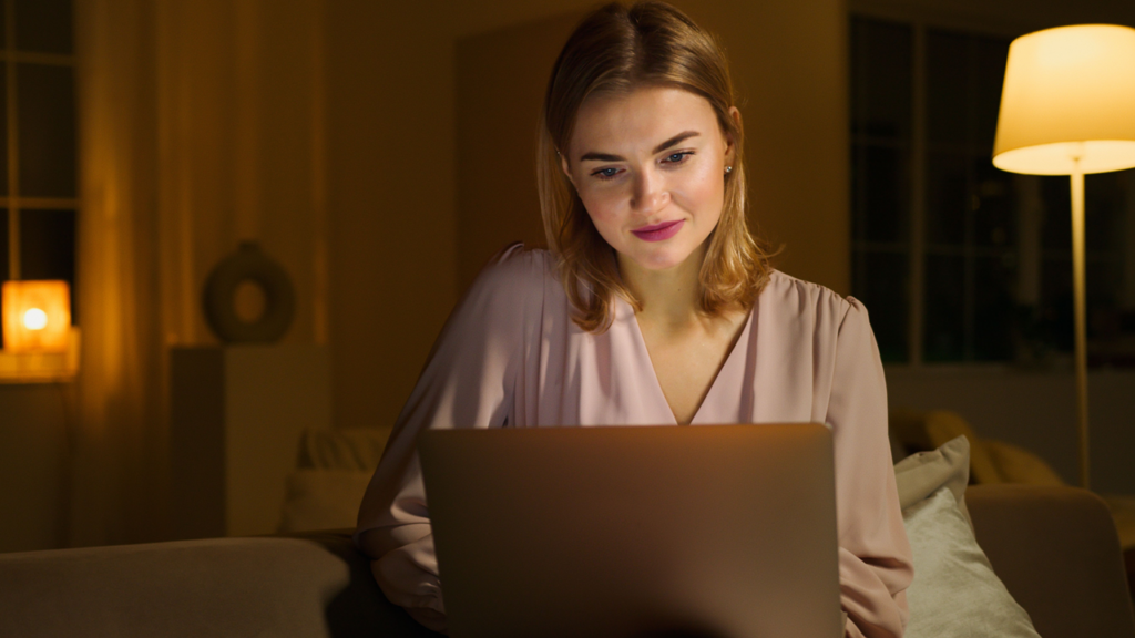 Woman on a laptop in a dimly lit room